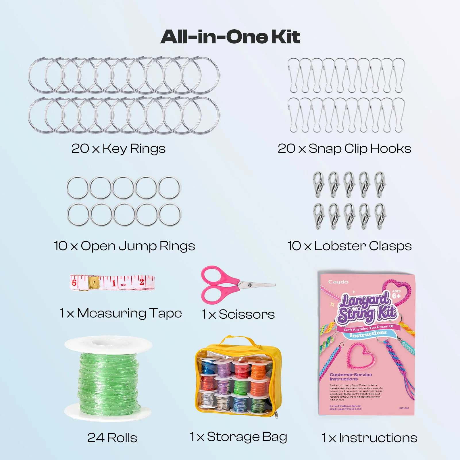 Caydo Lanyard String Kit – 24 Rolls Gimp Strings with Storage Bag & 62 Accessories for Keychains, Bracelets - Image 8